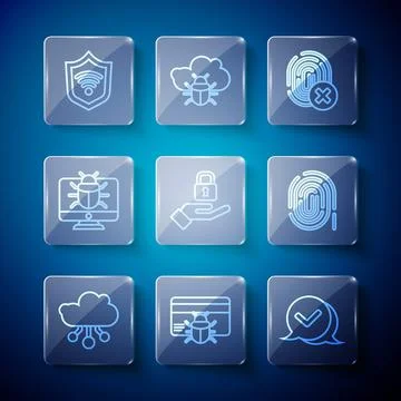 Set line Internet of things, System bug credit card, Check mark speech bubble Illustrazione stock