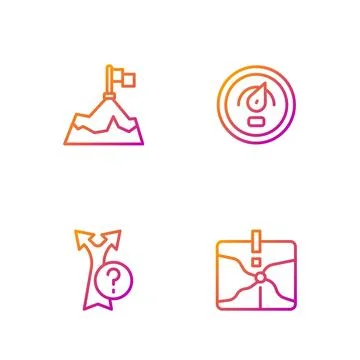 Set line Intersection point, Arrow, Mountains with flag and Digital speed m.. Stock Illustration