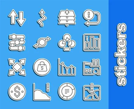 Set line Intersection point, Factory, Pie chart infographic, Layers, Arrow, G Stock Illustration