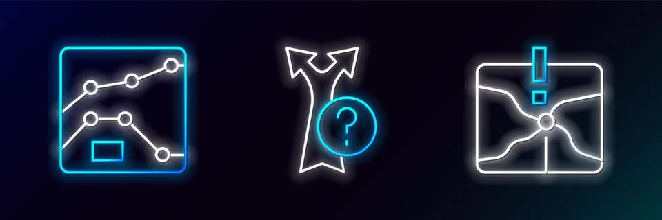 Set line Intersection point, Graph, chart, diagram and Arrow icon. Glowing .. Illustrazione stock