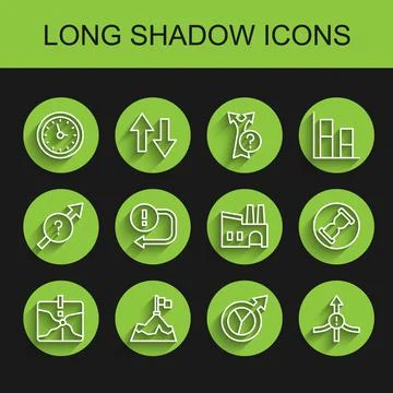 Set line Intersection point, Mountains with flag, Clock, Financial growth, Arrow Stock Illustration