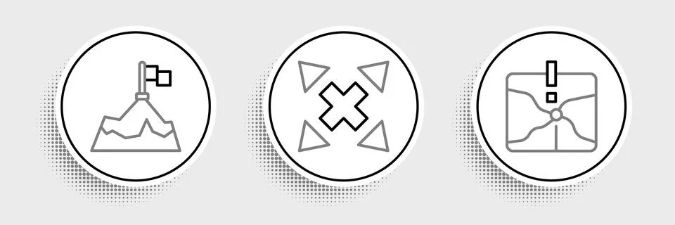 Set line Intersection point, Mountains with flag and Many ways directional ar Stock Illustration