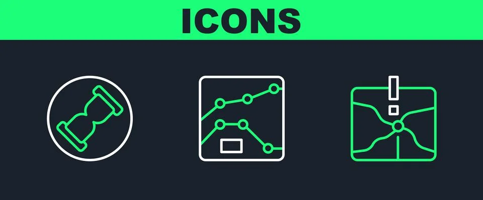 Set line Intersection point, Old hourglass with sand and Graph, chart, diagra Ilustração Stock