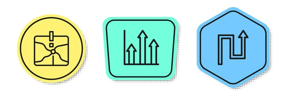 Set line Intersection point, Pie chart infographic and Arrow. Colored shapes 스톡 일러스트