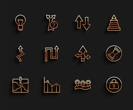 Set line Intersection point, Pie chart infographic, Light bulb, Location, S.. Stock Illustration