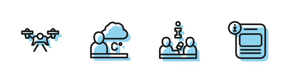 Set line Interview, Drone, Weather forecast and Information icon. Vector Stock Illustration