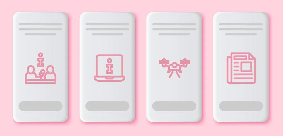 Set line Interview, Information, Drone and News. White rectangle button. Vector 스톡 일러스트