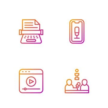 Set line Interview, Live stream, Retro typewriter and Mobile recording. Gra.. Stock Illustration