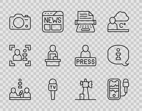 Set line Interview, Mobile recording, Retro typewriter, Microphone, Photo camera Stock Illustration