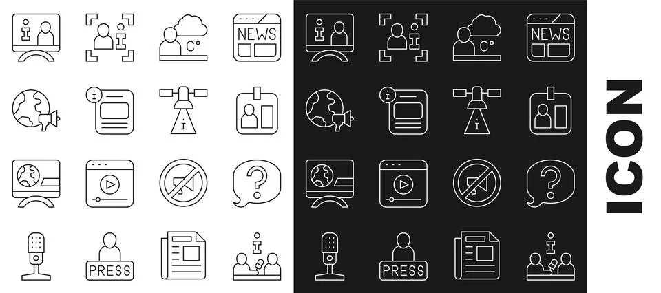 Set line Interview, Speech bubble chat, Journalist id card, Weather forecas.. Stock Illustration
