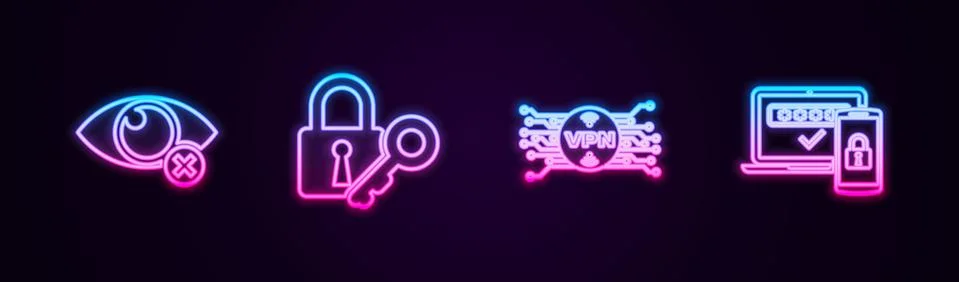 Set line Invisible or hide, Lock and key, VPN with microchip circuit and Two Stock Illustration