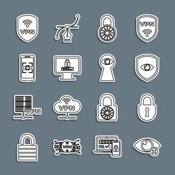 Set line Invisible or hide, Lock, Shield and eye, Safe combination lock wheel Stock Illustration
