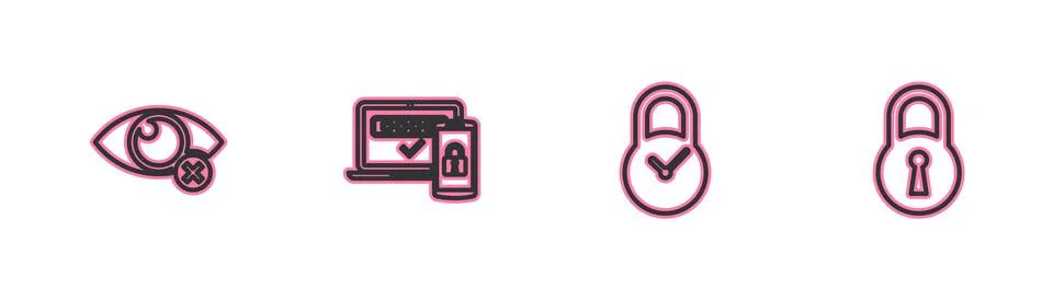 Set line Invisible or hide, Padlock with clock, Two steps authentication and Stock Illustration