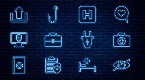 Set line Invisible or hide, First aid kit, Hospital, Toolbox, Monitor and shield Stock Illustration