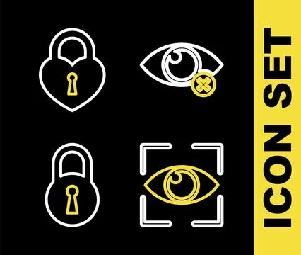 Set line Invisible or hide, Eye scan, Lock and Castle in the shape of heart icon Stock Illustration