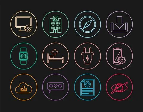 Set line Invisible or hide, Setting on smartphone, Wind rose, Hospital bed Ilustración de archivo