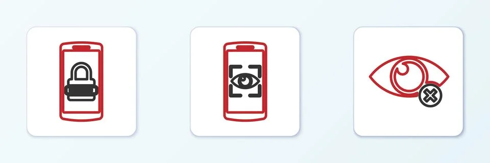 Set line Invisible or hide, Mobile and password and eye scan icon. Vector Stock Illustration