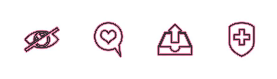 Set line Invisible or hide, Upload inbox, Heart speech bubble and Medical shi Ilustração Stock