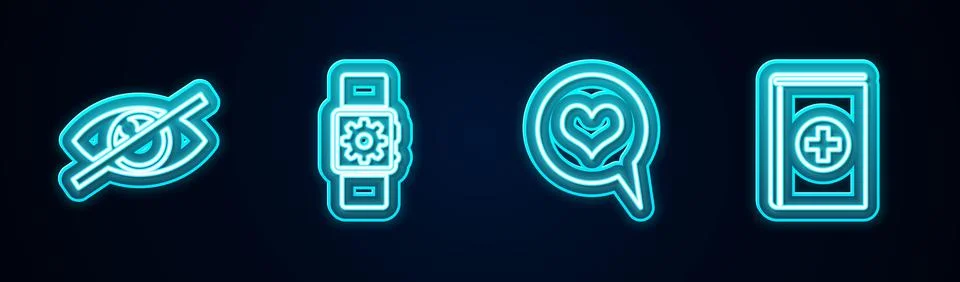 Set line Invisible or hide, Smartwatch setting, Heart speech bubble and Medic Stock Illustration