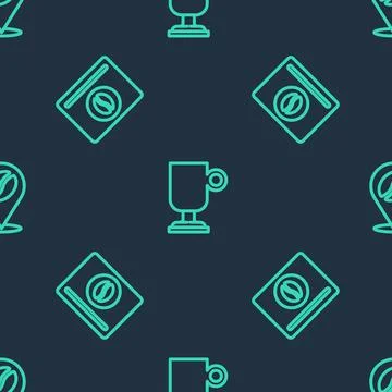 Set line Irish coffee, Bag beans and Location with on seamless pattern. Vector 库存插图
