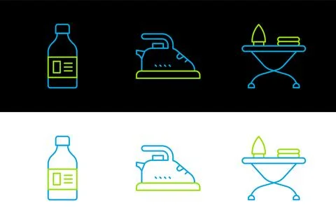 Set line Iron and ironing board, Bottle for cleaning agent and Electric ico.. Stock Illustration