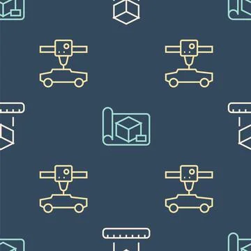Set line Isometric cube, 3D printer car and Graphing paper for engineering on Illustrazione stock