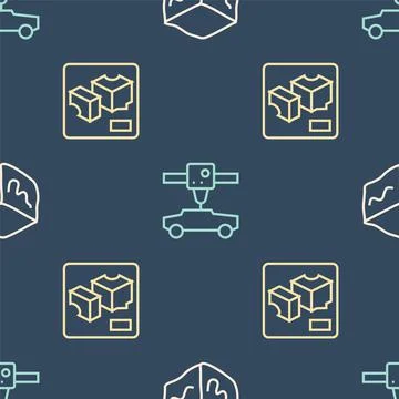 Set line Isometric cube, 3D printer and car on seamless pattern. Vector Stock Illustration