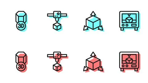 Set line Isometric cube, 3D printer, and icon. Vector Stock Illustration
