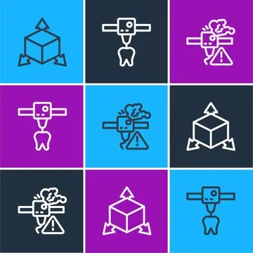 Set line Isometric cube, 3D printer warning and tooth icon. Vector Stock Illustration