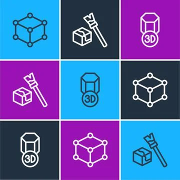Set line Isometric cube, 3D printer and icon. Vector Stock Illustration