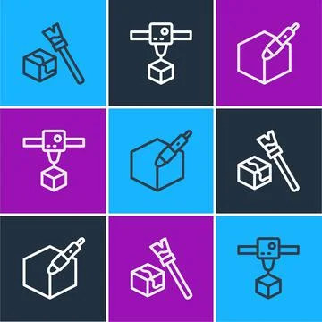 Set line Isometric cube, 3d pen tool and 3D printer icon. Vector Illustrazione stock