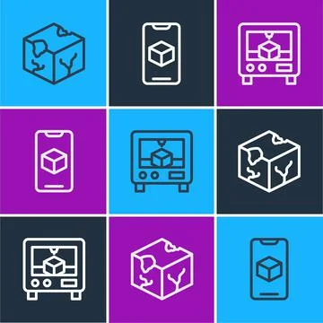 Set line Isometric cube, 3D printer and software icon. Vector Ilustração Stock