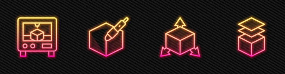 Set line Isometric cube, 3D printer, 3d pen tool and Layers. Glowing neon icon Ilustração Stock