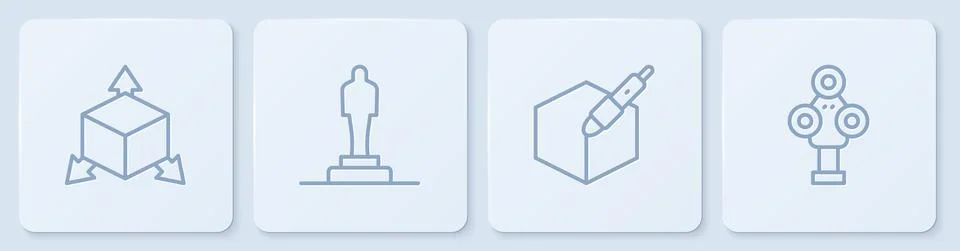 Set line Isometric cube, 3d pen tool, 3D printer model and scanner. White square Illustrazione stock