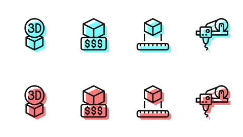 Set line Isometric cube, , 3D printer services and icon. Vector Stock Illustration