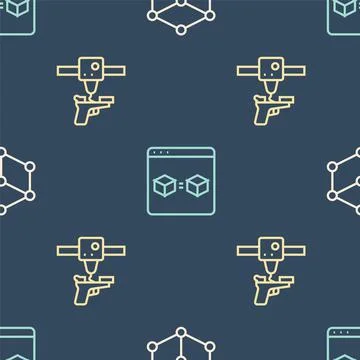 Set line Isometric cube, 3D printer gun and perfect copy on seamless pattern Illustrazione stock