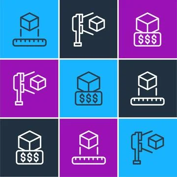 Set line Isometric cube, 3D printer services and scanner with icon. Vector Stock Illustration
