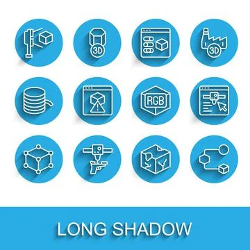 Set line Isometric cube, 3D printer gun, scanner with, setting and RGB and CMYK Stock Illustration