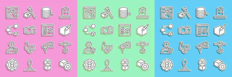 Set line Isometric cube, 3D printer, 3d pen tool, Filament for, Photo camera Stock Illustration