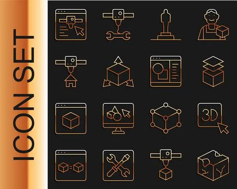 Set line Isometric cube, 3D printer, Layers, model, house, setting and software Ilustração Stock