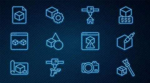 Set line Isometric cube, 3d pen tool, 3D printer house, Basic geometric shapes Illustrazione stock