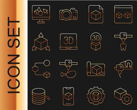 Set line Isometric cube, 3D printer, tooth, file, software and icon. Vector Stock Illustration