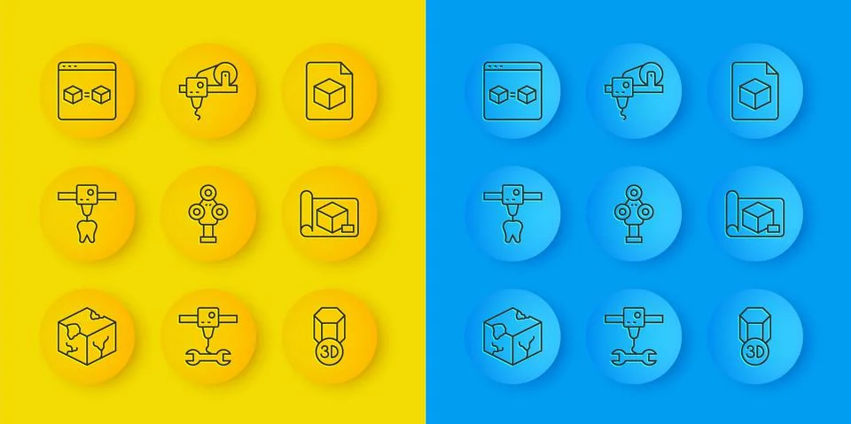 Set line Isometric cube, 3D printer tooth, scanner, Graphing paper for Stock Illustration