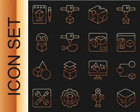 Set line Isometric cube, 3D printer, chicken leg, Sketch on paper and icon Illustrazione stock
