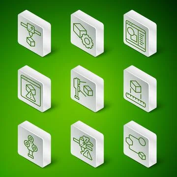Set line Isometric cube, 3D printer warning, scanner with, and icon. Vector Stock Illustration