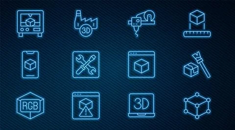 Set line Isometric cube, 3D printer, setting, software, and Printing house Ilustração Stock