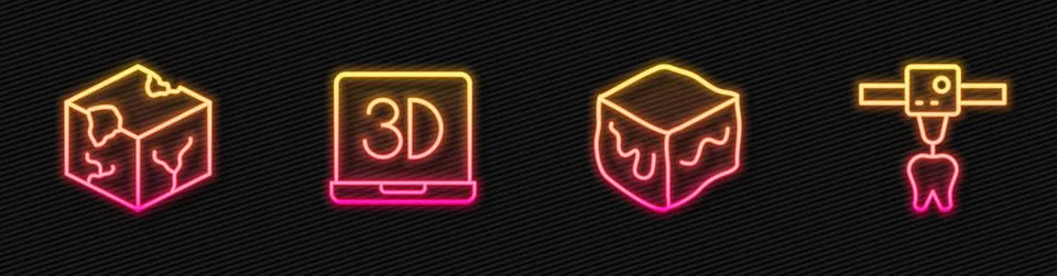 Set line Isometric cube, , 3D printer and tooth. Glowing neon icon. Vector 스톡 일러스트
