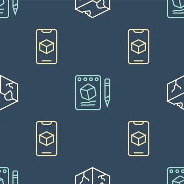 Set line Isometric cube, 3D printer software and Sketch on paper on seamless Ilustração Stock
