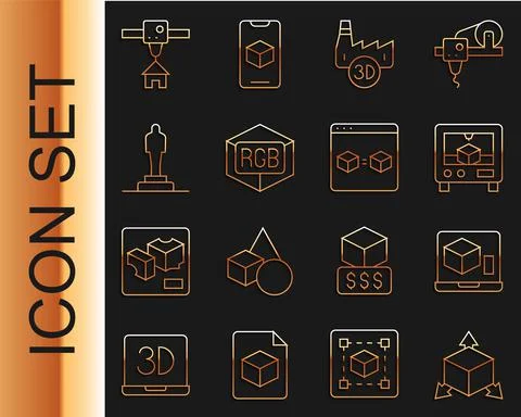 Set line Isometric cube, 3D printer, Printing house industry, RGB and CMYK color Illustrazione stock