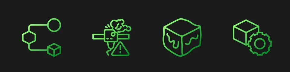 Set line Isometric cube, , 3D printer warning and . Gradient color icons. Vector Stock Illustration